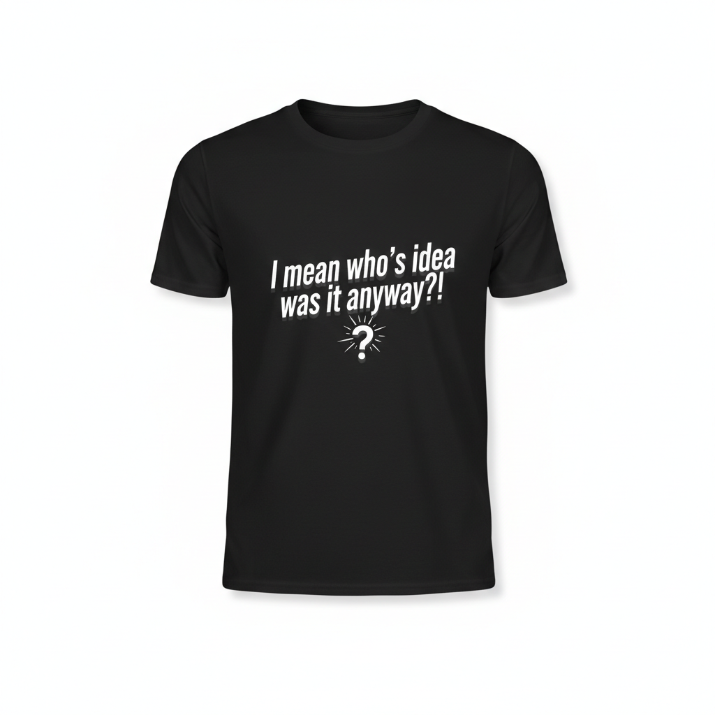 Black t-shirt with text I mean who's idea was it anyway