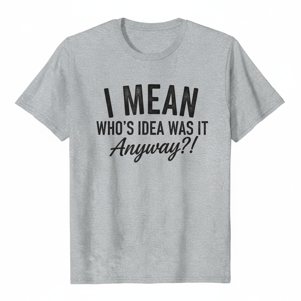 Heather gray t-shirt with text I mean who's idea was it anyway