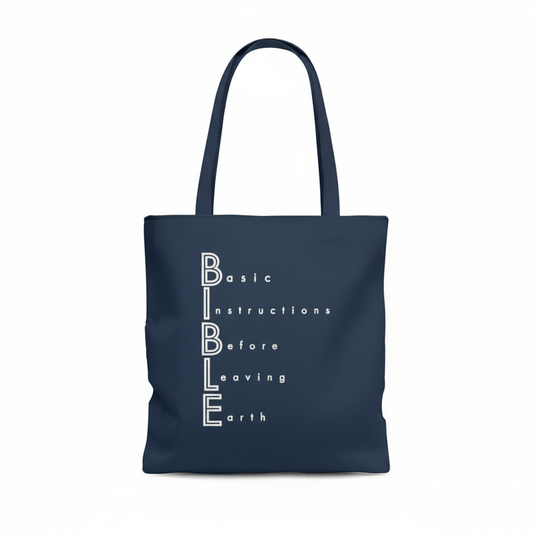 Navy blue canvas tote bag with custom design
