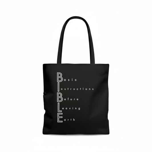 Black canvas tote bag with custom design
